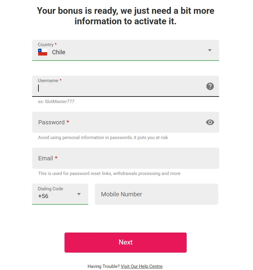 Formulario de Spin casino login: país México, usuario, contraseña, correo y teléfono